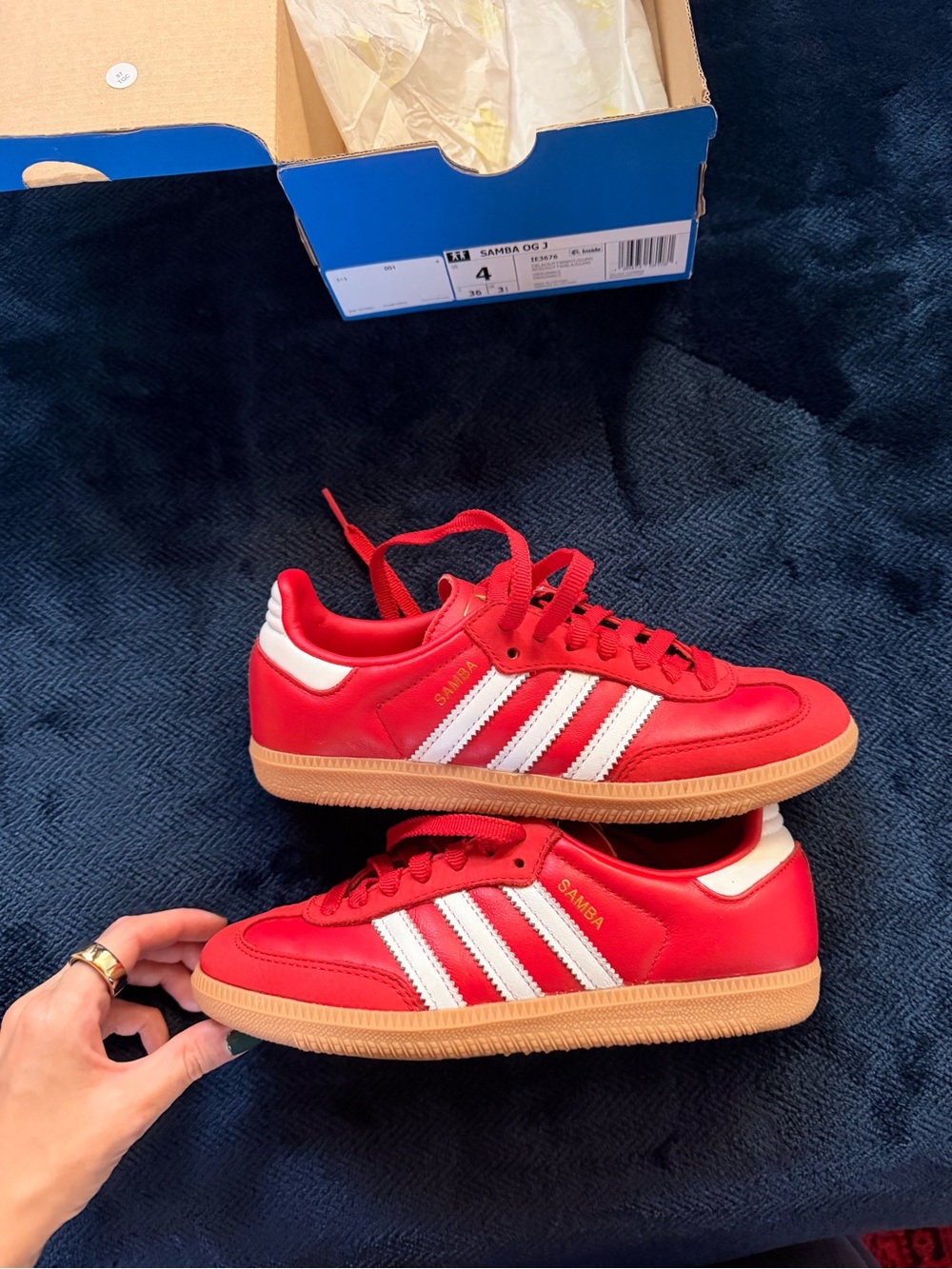Adidas sambas OG J in a red color; size 4 or womens 5.5